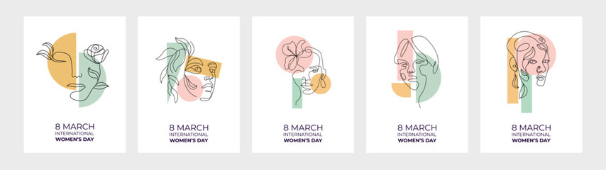 Poster - 8 March set with woman face. Modern abstract line minimalistic women faces arts set with different shapes for wall decoration, postcard or brochure cover design. Different woman faces