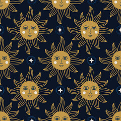 Magic seamless pattern with sun and stars. Vector illustration