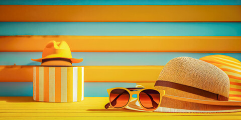 Beach Accessories On Yellow Wooden Plank Summer Colors, summer celebration concept, generative AI	