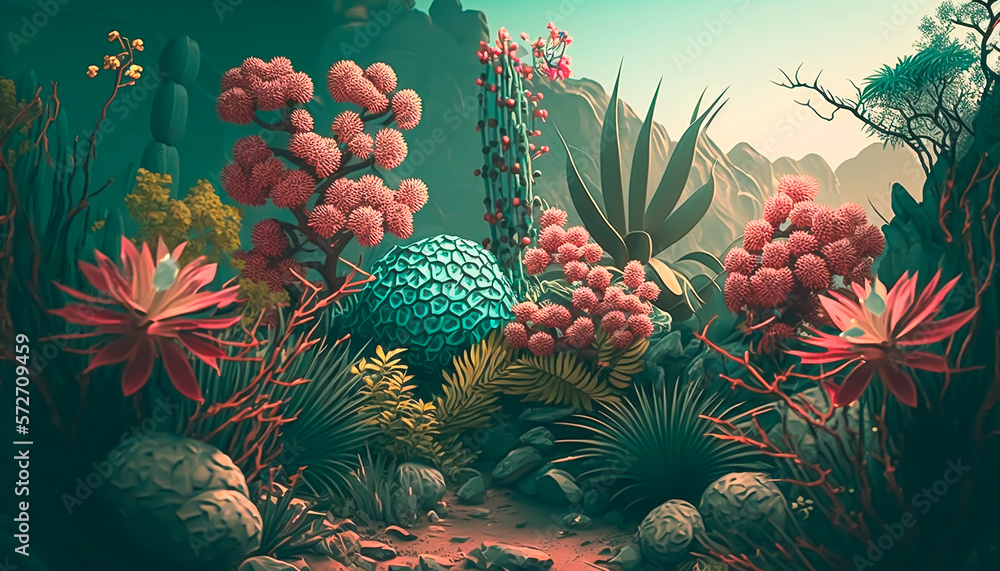 Strange alien desert plants theatrical backdrop scene in a painted style. Generative AI