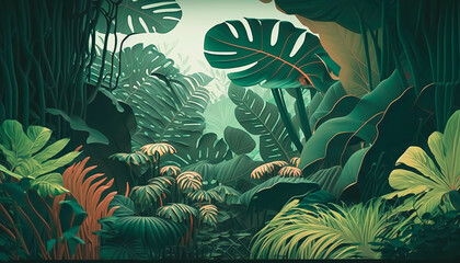 Wall Mural - Lush exotic jungle plants theatrical backdrop scene in a painted style. Generative AI