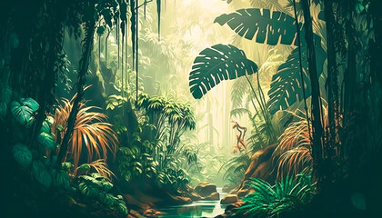 Wall Mural - Lush exotic jungle plants theatrical backdrop scene in a painted style. Generative AI