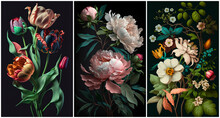 Lush Vintage Floral Art Wallpaper Panel Collection With Peony And Tulip Generative AI