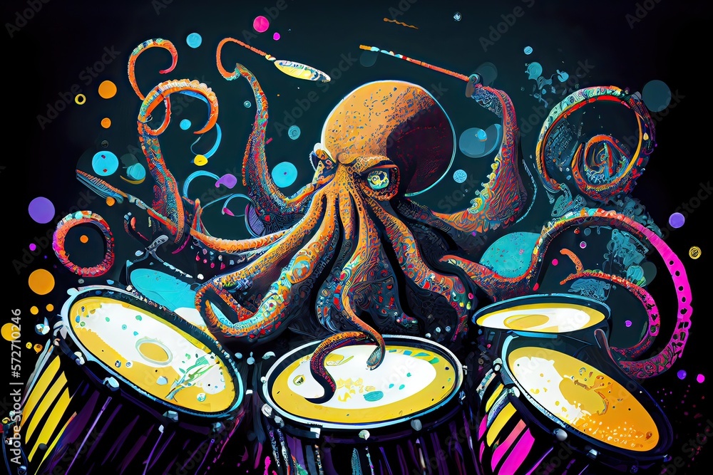 Generative AI illustration of a giant octopus playing the drums in a ...