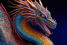 Generative AI Illustration Of Ornamental Carved Oriental Dragon With Intricate Vibrant Design On Blue Background