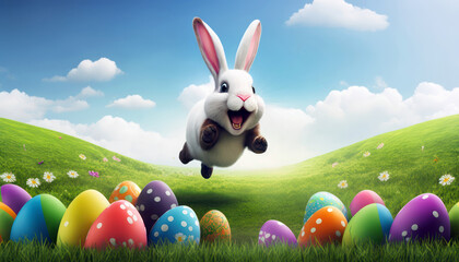 Wall Mural - Happy Easter bunny and Easter eggs jumbing in Spring field, blue sky. Generative AI