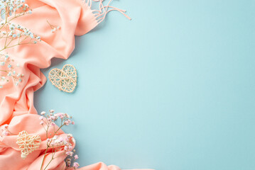 Hello spring concept. Top view photo of two rattan hearts gypsophila flowers and pink soft scarf on isolated pastel blue background with empty space
