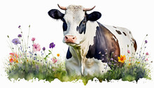 Watercolor Painting Of Peaceful Dairy Cow In A Colorful Flower Field. Ideal For Art Print, Greeting Card, Springtime Concepts Etc. Made With Generative AI.