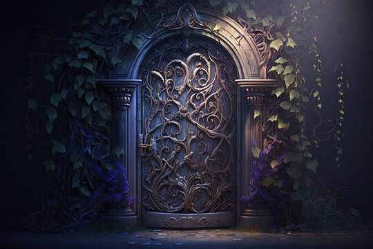 magic door, door to fantasy dimension, branch and leaf door, digital illustration, generative ai