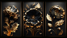 Fractal Flowers Golden And Black Liquid Marble Background Generative AI