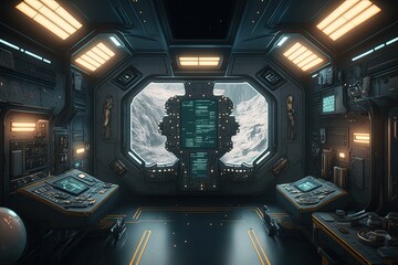 Wall Mural - Sci-fi spaceship cabin, digital illustration, Generative AI