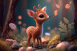 Baby deer fawn with big eyes, sunlight, antlers, spots and green fauna foliage and flowers, ai. 