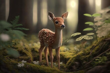 Baby Deer Fawn With Sunlight, Big Eyes, Spots And Green Fauna Foliage, Cute And Flowers, Ai. 