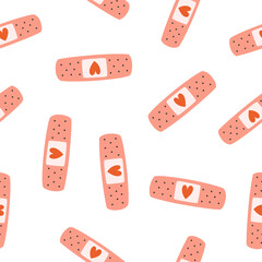 hand drawn cute seamless pattern of adhesive plaster with heart. flat vector transfusion and blood d