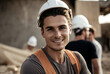 young adult man working on a construction site, construction helmet and work vest, smiling, Generative AI