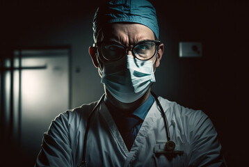 angry or evil doctor in medical cap standing, generative ai