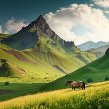 Joyful Summer Mountain Landscape - Bright Lush Green Slope With Meadow And Graze Horse, Mountain Ridges In Mist Of Early Morning Sunlight, Panorama View On Valley. Wild Nature In Dagestan Mountains