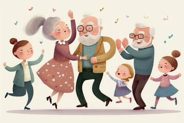 Children dance with grandparents. Generative AI.