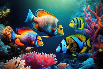 Wall Mural - Colorful tropical fish on the background of a coral reef. Generative AI.
