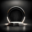 © Domingo - 3D Stage or elegant scenario with a metal circular structure, a pedestal and black courtain, illuminated with bright light to promote a special quality product mockup for a sophisticated presentation