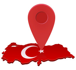 Wall Mural - 3D map of Turkey in the colors of the Turkish flag with the crescent and white star on a red background with a geographic location marker on it (cut out)