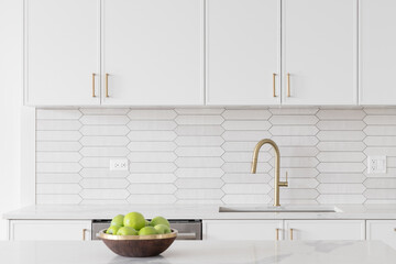 a beautiful kitchen faucet detail with white cabinets, a gold faucet, white marble countertops, and 