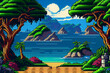 Video game background landscape with mountains and forests in 16 bit pixels. Retro video arcade game nature location with pixel art mountain hills, snow peaks, sky and clouds, trees, grass and lake.