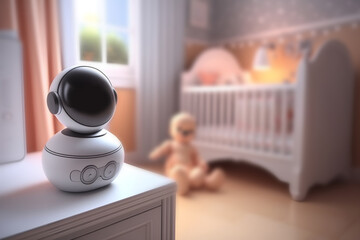 Wall Mural - Video camera CCTV for control baby near crib with child room. Generation AI