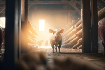 Pigs livestock farm with sunlight. Agriculture industry swine banner. Generation AI