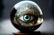 Fortune telling, providence concept. Crystal orb, ball, magic glass sphere with with eye. Generative AI