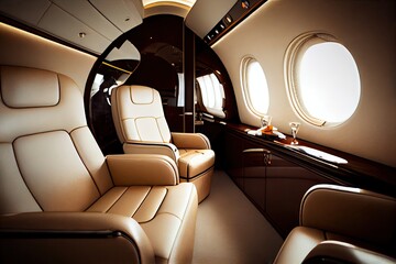 Interior of luxurious private jet with leather seats. Generative AI.
