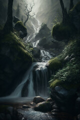 Canvas Print - Waterfall cascade in the forest generative AI