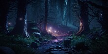 Forêt Sombre Et Mystérieuse,  Format Panoramique - Illustration Ia