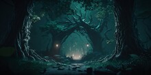 Forêt Sombre Et Mystérieuse,  Format Panoramique - Illustration Ia