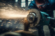 Spark flying from a Worker's Angle Grinder in a Busy Workshop, generative ai
