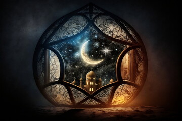 Muslim mosque and crescent moon in arabic ornate window. Ramadan niqht concept. Ai generative