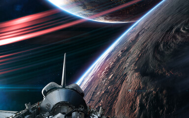 Wall Mural - shuttle in orbit of deep space planet. science fiction. elements of this image furnished by nasa