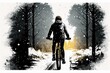 Winter cycling a man riding a bicycle in snow action fun (Generative AI)