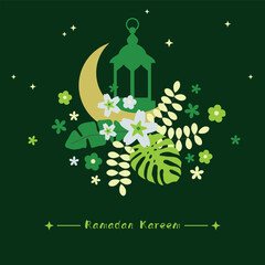 Wall Mural - Ramadan Kareem celebration. Islamic celebration design. Ramadan Kareem greeting card, banner with retro boho design, moon, lantern, flowers