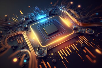 futuristic microchip processor. quantum computer, big data processing, database concept. development