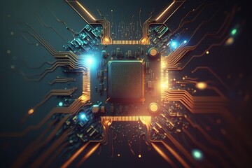 Futuristic microchip processor. Quantum computer, big data processing, database concept. Development of technologies of the future CPU and microprocessors for machine learning, ai