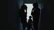 © Marco - Silhouette of couple standing in corridor in crisis. Parents with child feeling worry and anxiety. Husband and wife discussing difficult situation