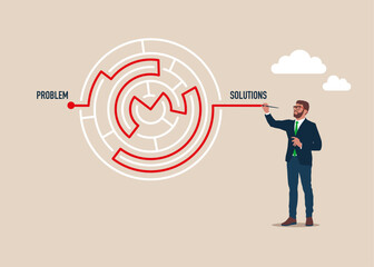 business solution with businessman finding way through maze. business maze labyrinth. modern vector 