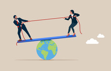 Man And Woman Play Tug Of War Game Standing On Scales, Pulling Opposite Ends Of Rope. Competition For Power Over World. Modern Vector Illustration In Flat Style