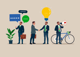 Wall Mural - Businessman presentation. Idea, megaphone, partnership, sport activity. Joyful office worker. Modern vector illustration in flat style.