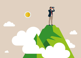 Businessman searching for success, standing on top of the mountain using binoculars looking for success, Concept business, Vector illustration flat