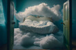 Cozy large double-steel bed with soft white fluffy linen and filler like clouds are shrouded in a bedroom. The concept of sweet sound sleep at home. Generative AI