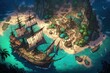 Pirate treasure map with pirate ship and sea. Generate AI