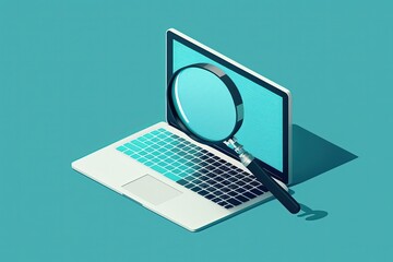 Magnifier on laptop screen, blue background. AI digital illustration