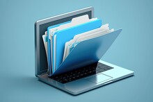 File Folder On Laptop Screen, Blue Background. Generative AI